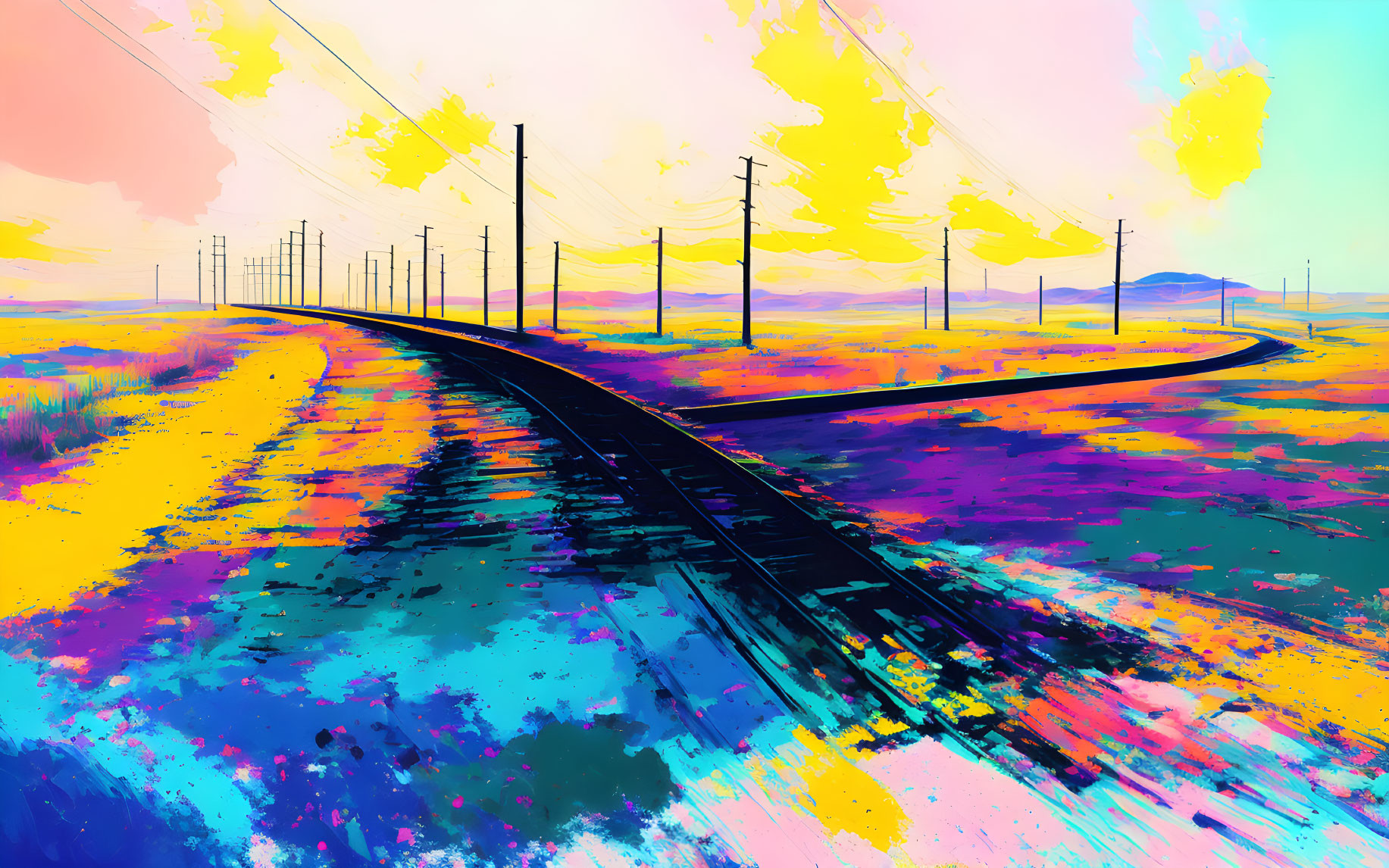 Colorful Abstract Digital Painting of Railway Track in Psychedelic Landscape