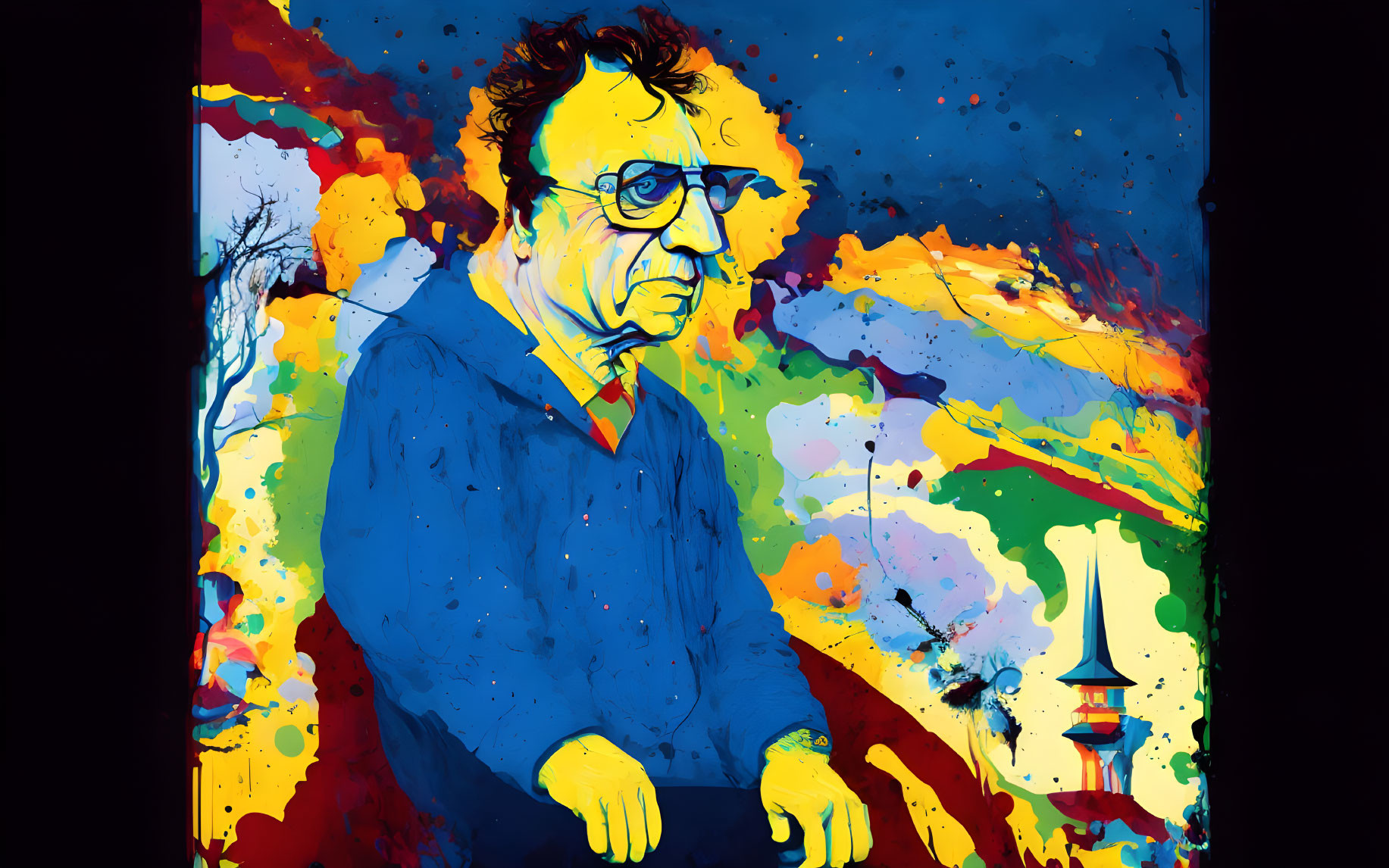 Vibrant abstract painting of bespectacled man with disheveled hair