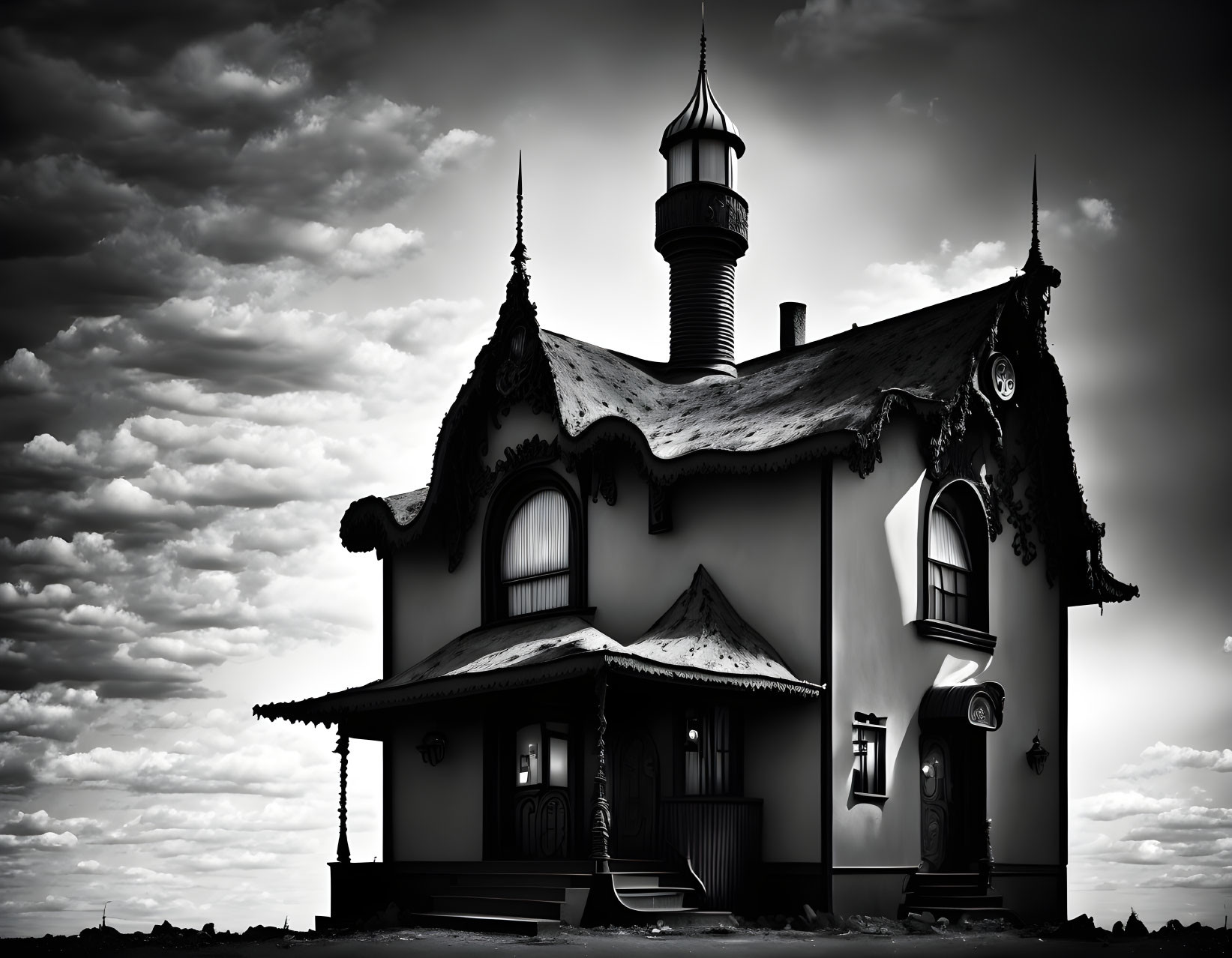 Gothic-style house in black and white under dramatic sky