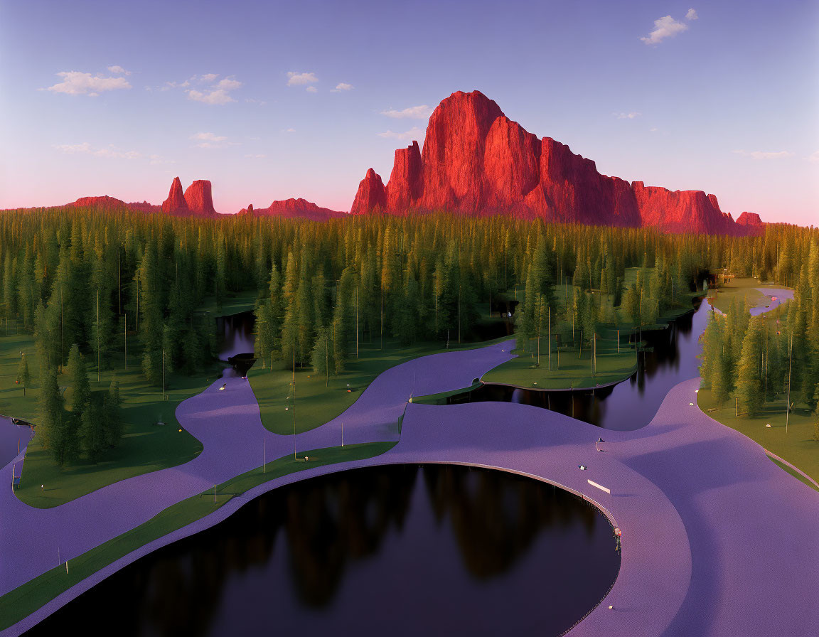 Serene landscape with winding river, green trees, and red mountain at twilight