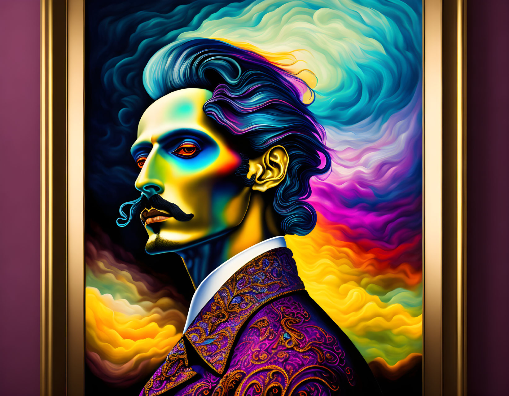 Vibrant digital portrait of a man with stylized mustache and swirling patterns