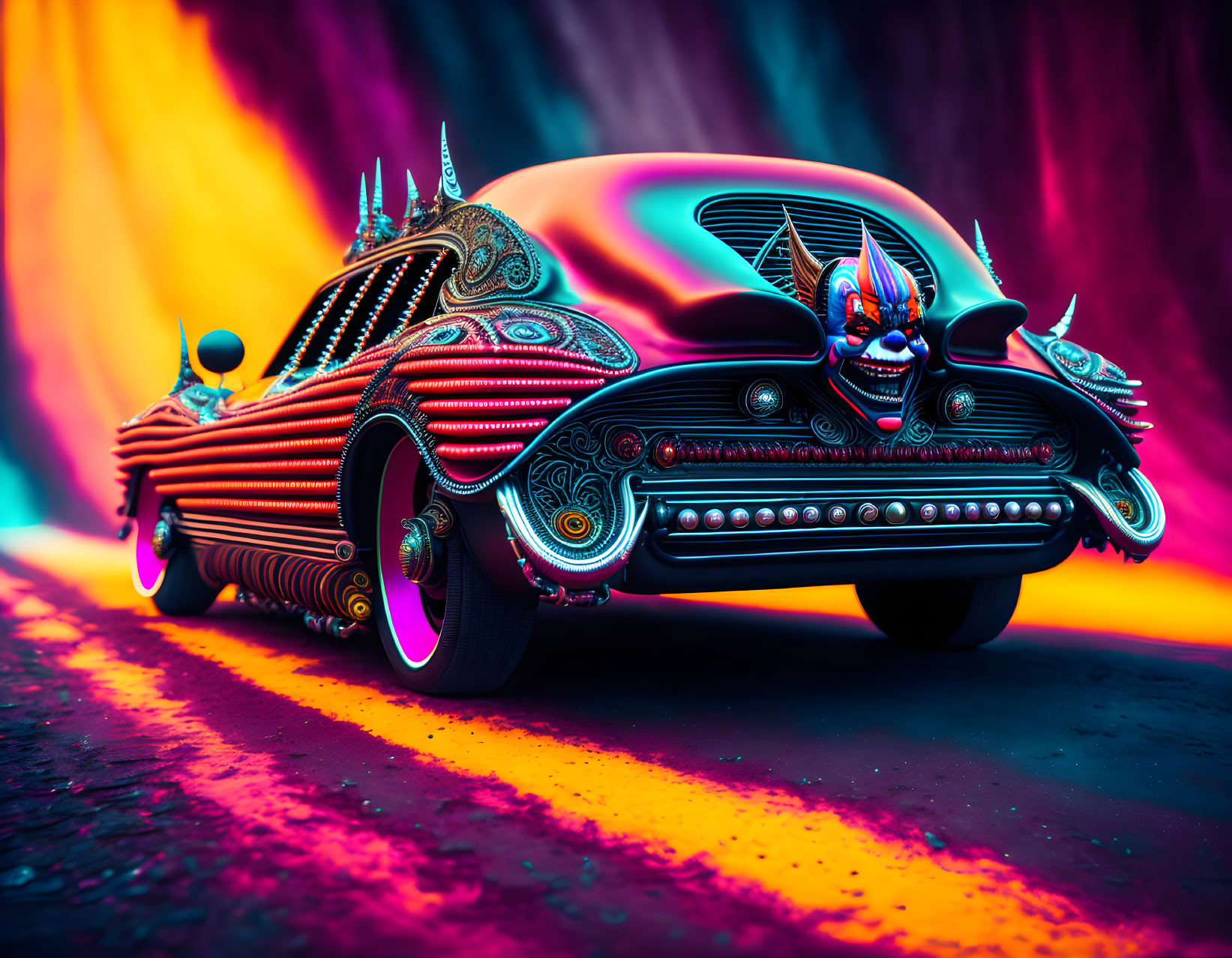 Colorful surreal car art with intricate patterns and demonic figure on hood