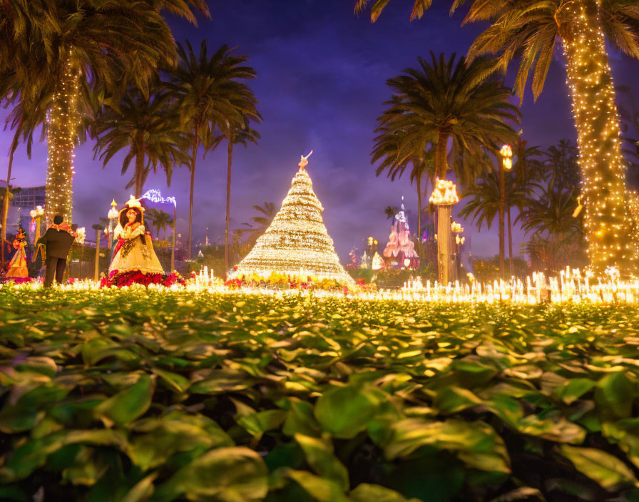 Festive outdoor holiday scene with illuminated Christmas tree and twinkling palm tree lights at dusk