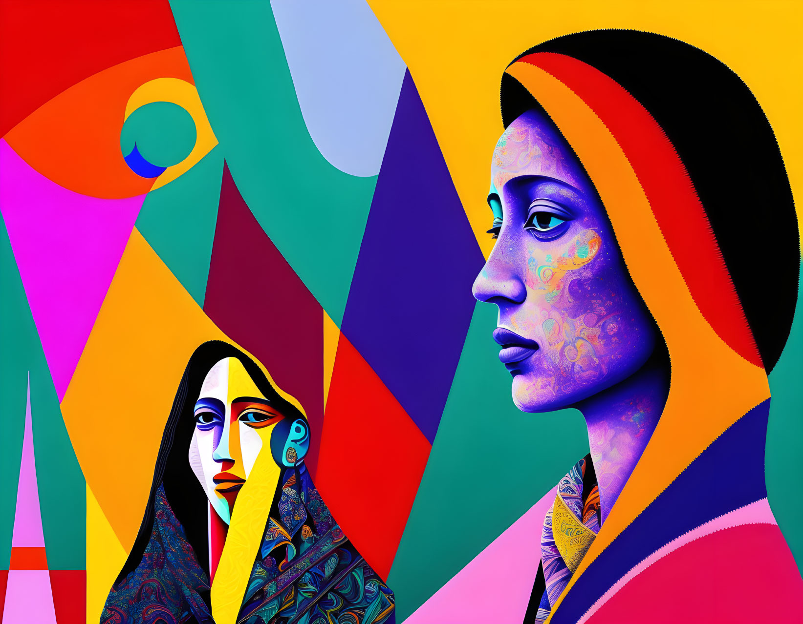 Vibrant abstract artwork: two female profiles, geometric patterns.