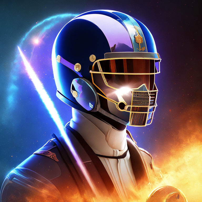 Reflective visor astronaut helmet in cosmic space