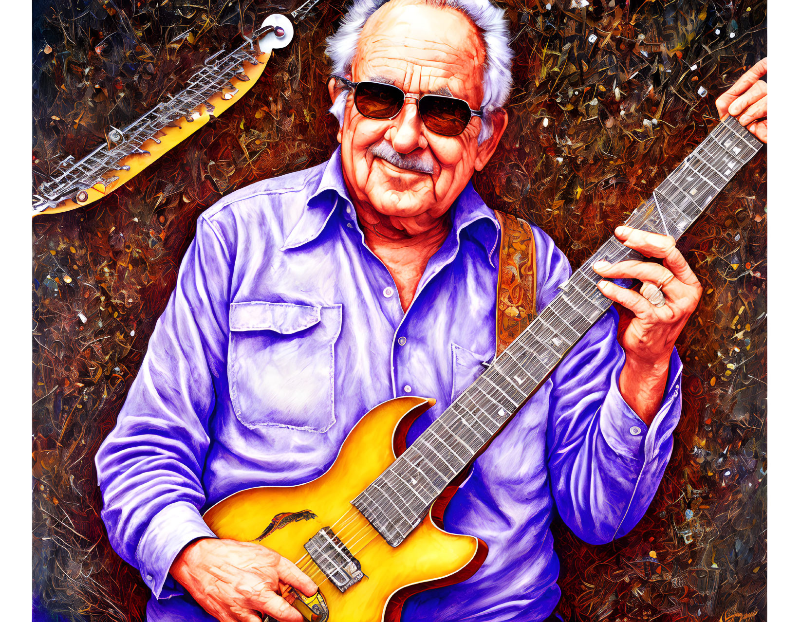 Smiling elderly man with sunglasses holding guitar among autumn leaves and saxophone