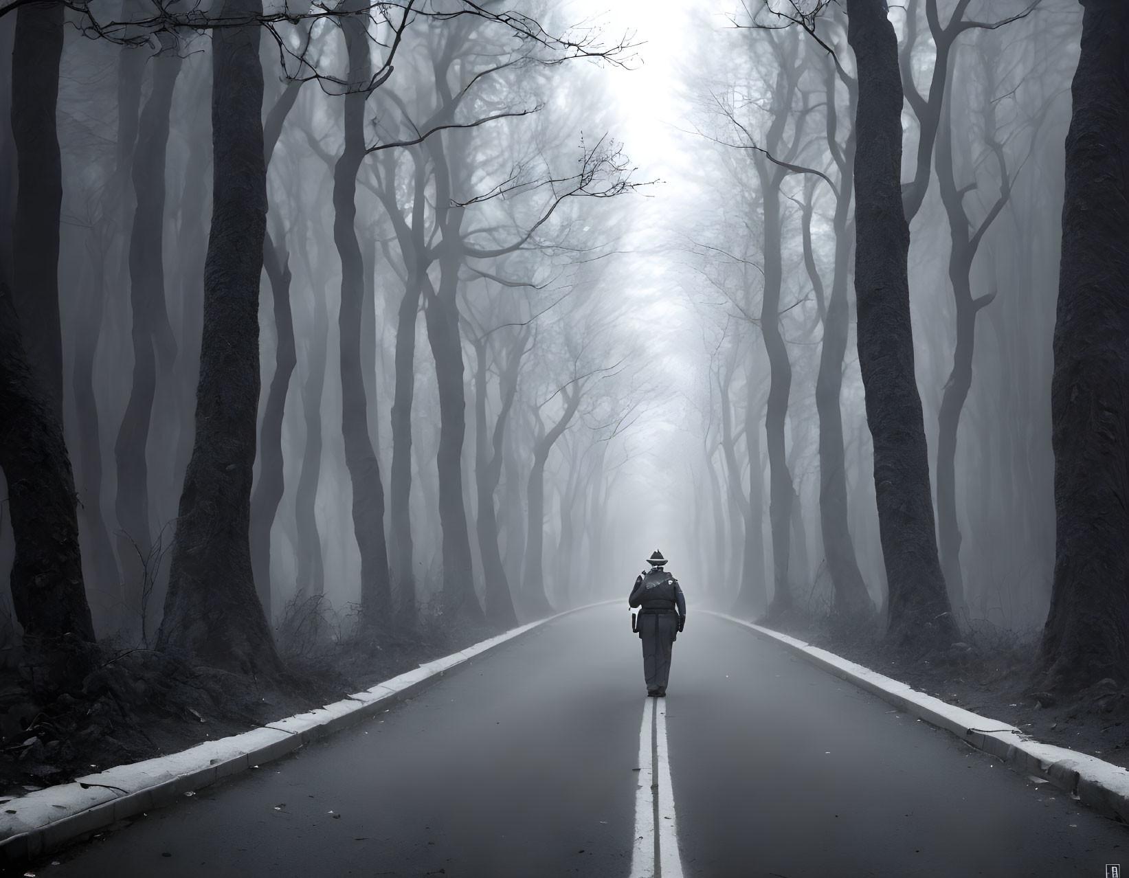 Monochromatic landscape with lone motorcyclist on foggy road