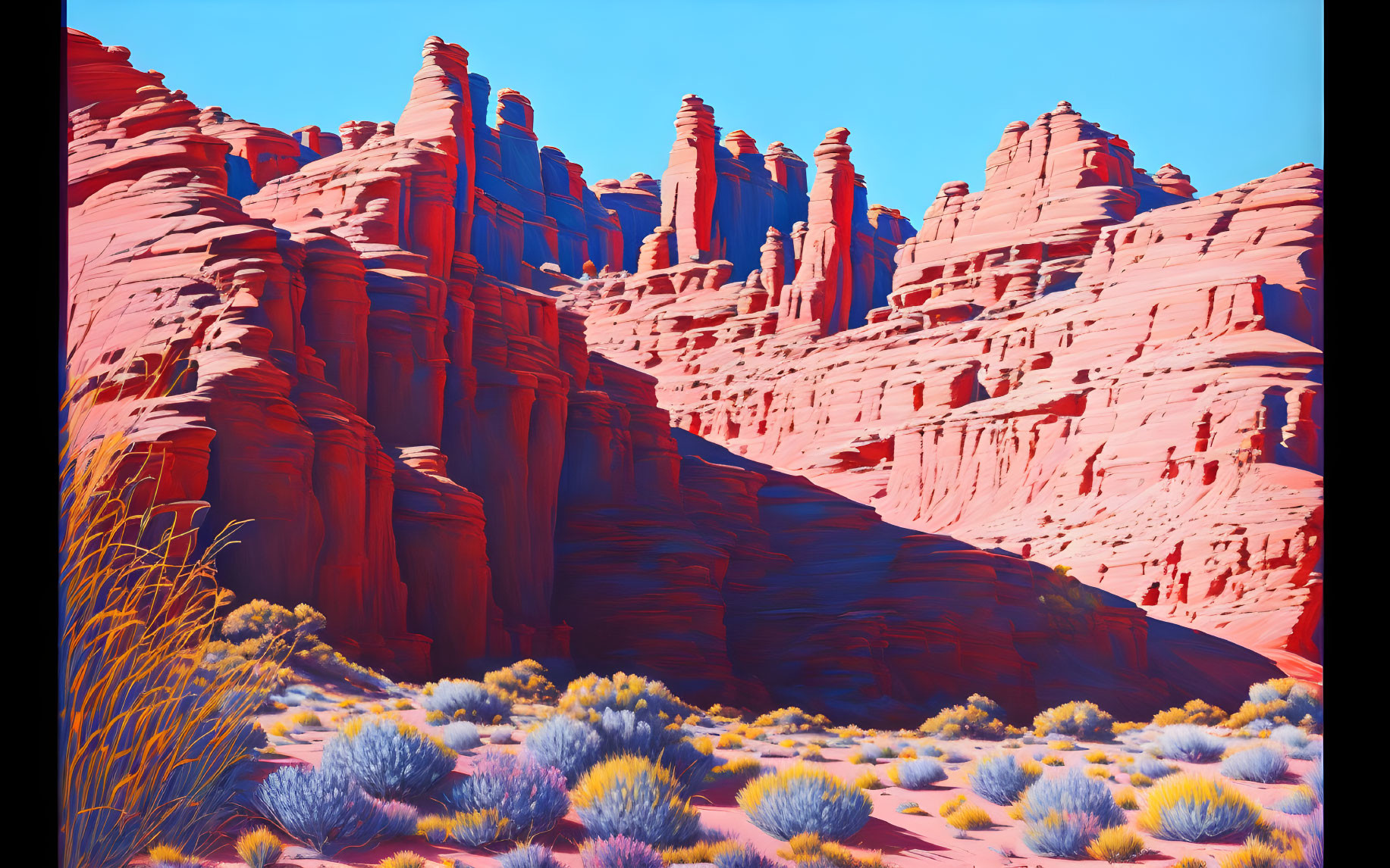 Vibrant red desert with towering sandstone formations and sparse green vegetation