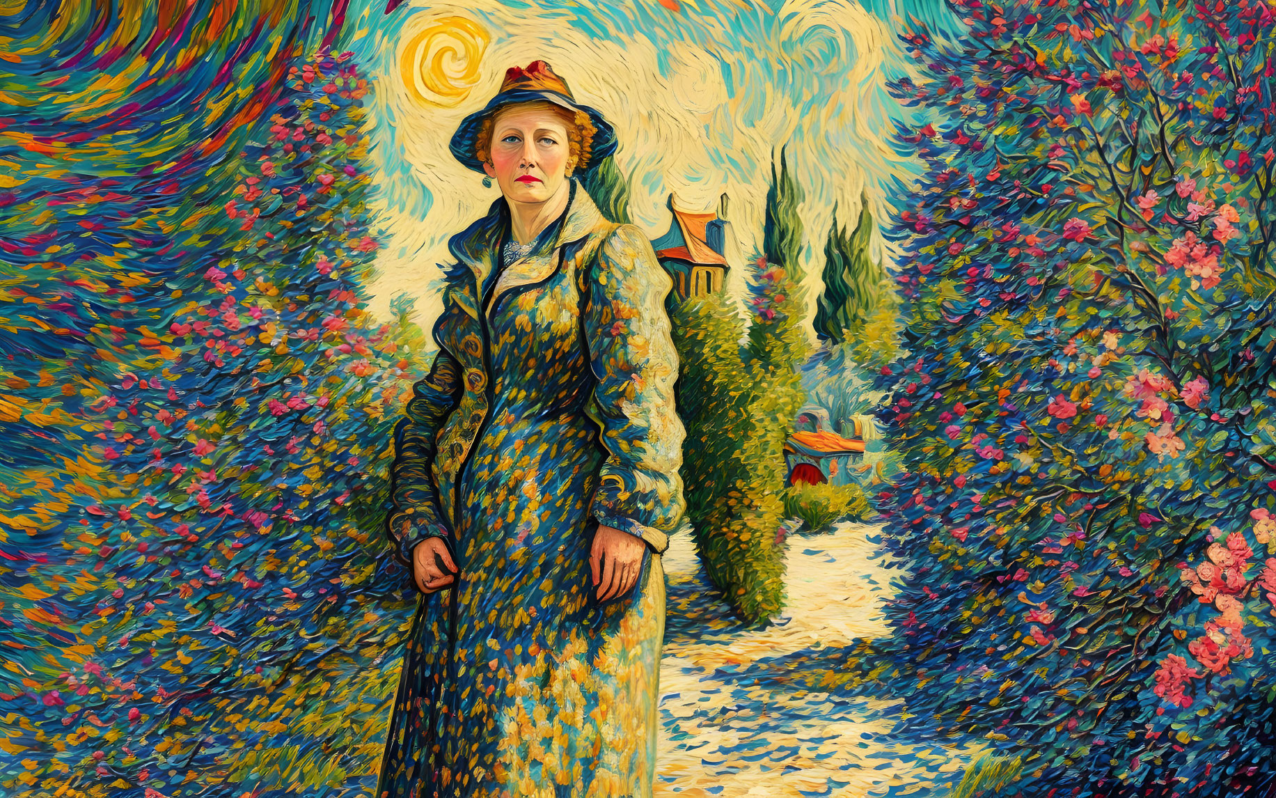 Woman in Vibrant Van Gogh-Style Painted Landscape