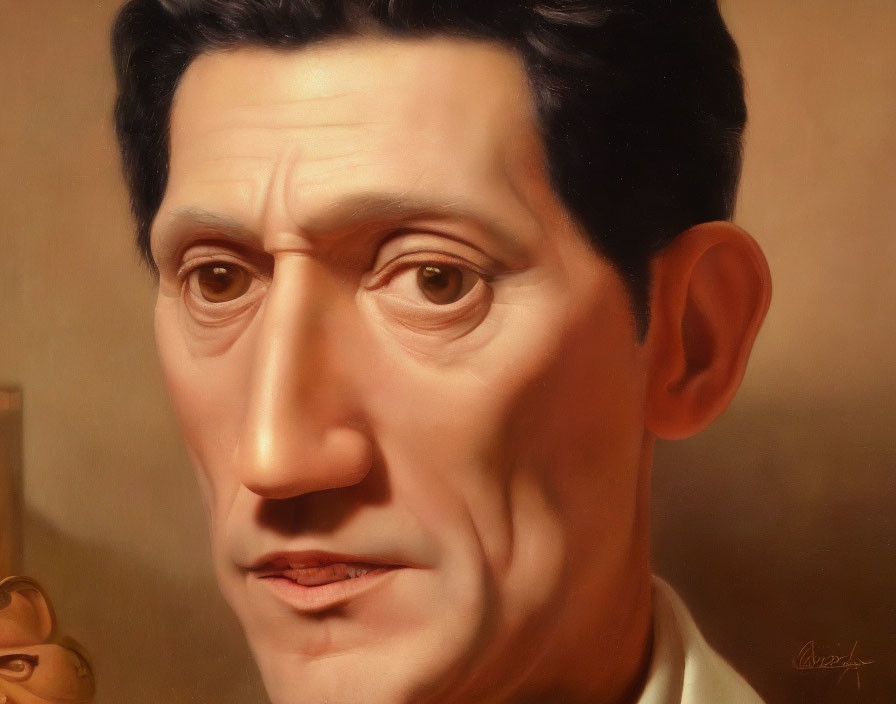 Hyperrealistic painting of man with long nose, dark hair, and deep-set eyes