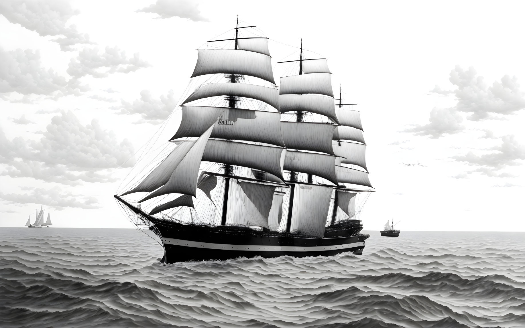 Black and white clipper ship sailing on rippling sea with distant ships and cloudy sky