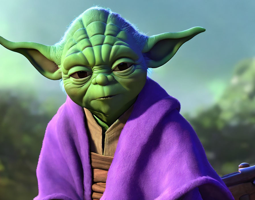 3D illustration of wise Yoda in purple robe