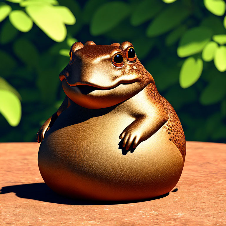 Chubby bronze frog on stone slab amidst green leaves