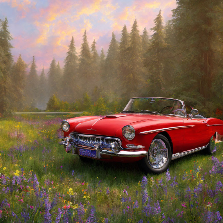 Vintage Red Car Parked Near Purple Flower Field with Forest and Sunrise Sky