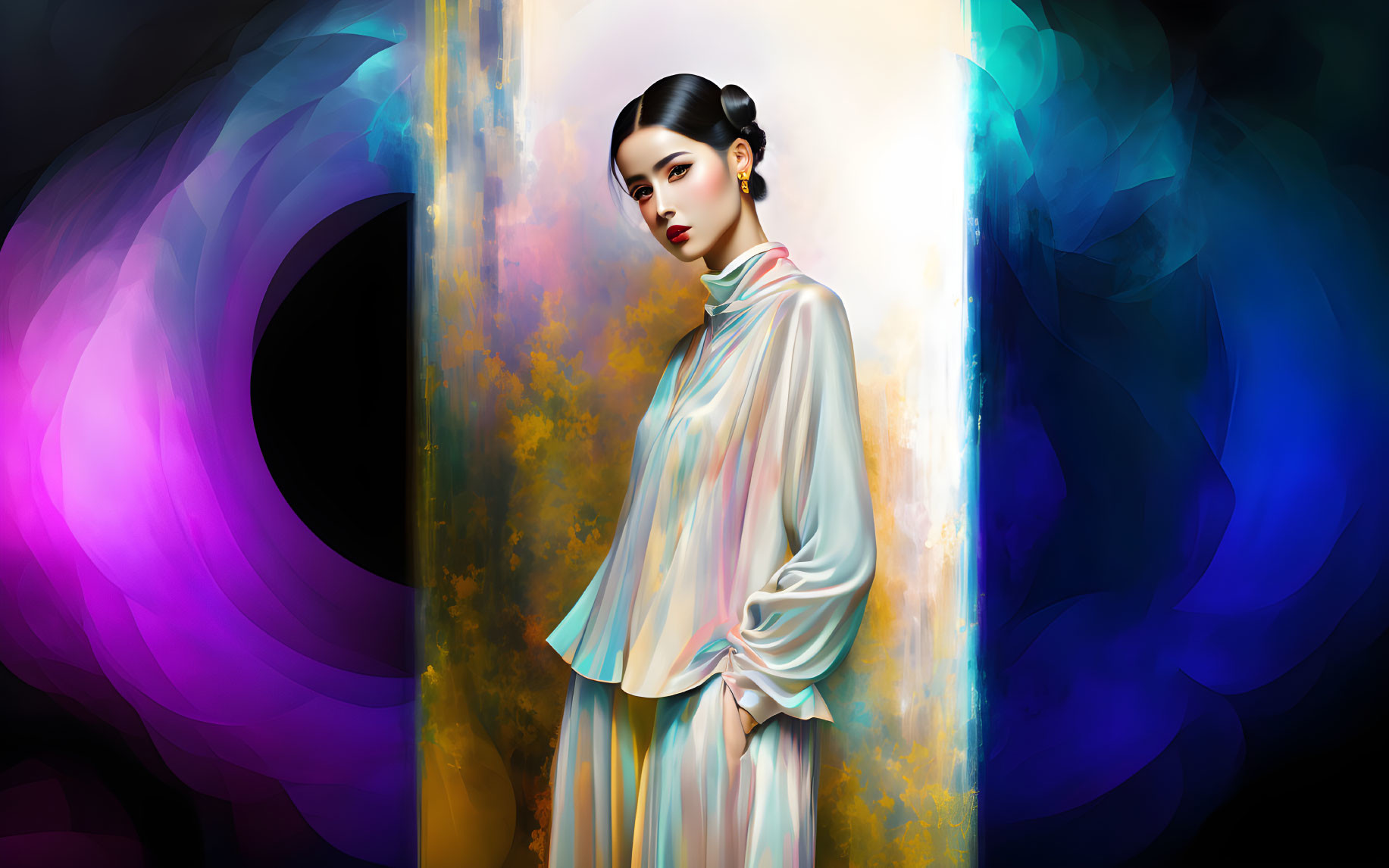 Colorful digital artwork: Woman in Asian attire on abstract blue and pink background