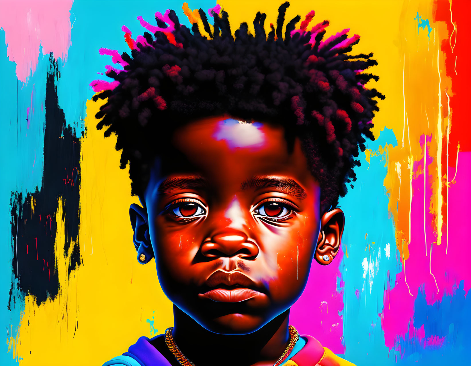 Colorful digital portrait of young child with afro against abstract background