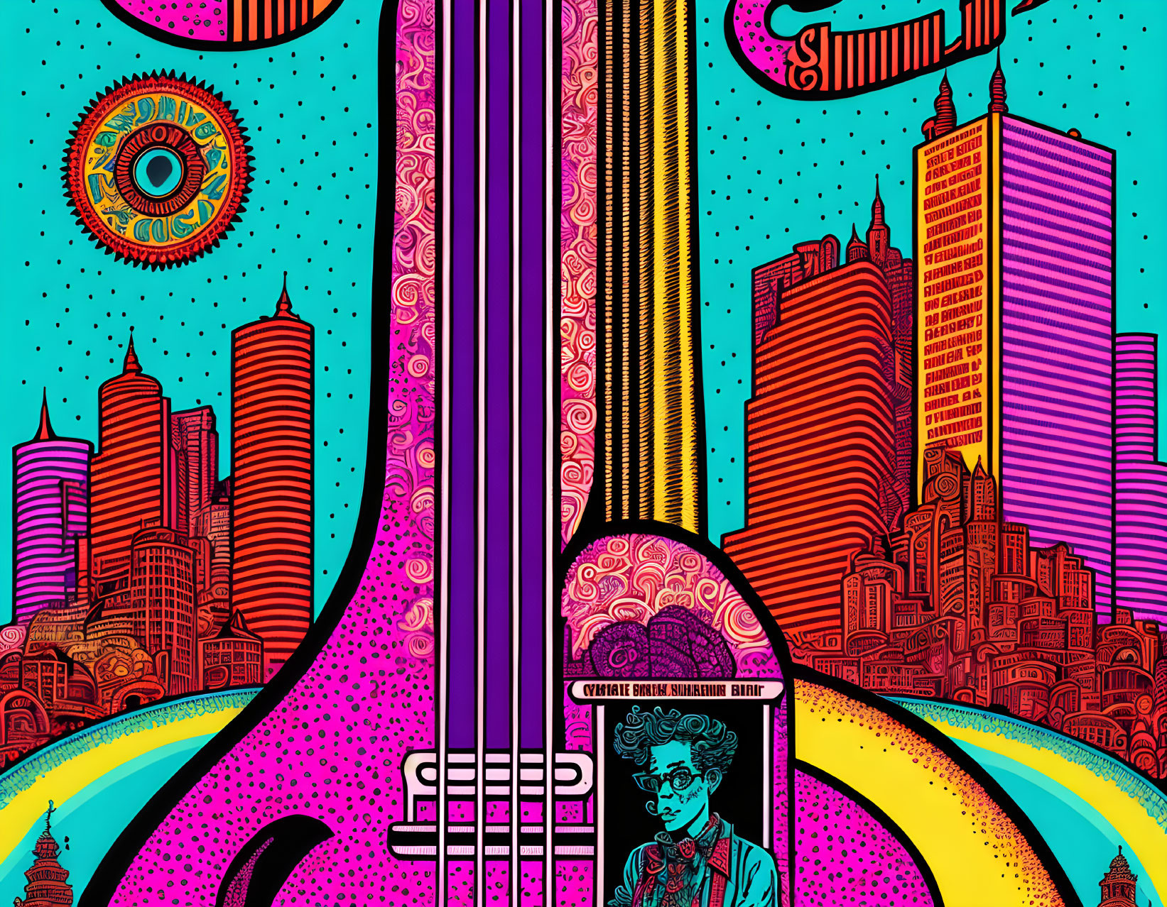 Colorful Psychedelic Guitar Artwork with Urban Skyline Portrait