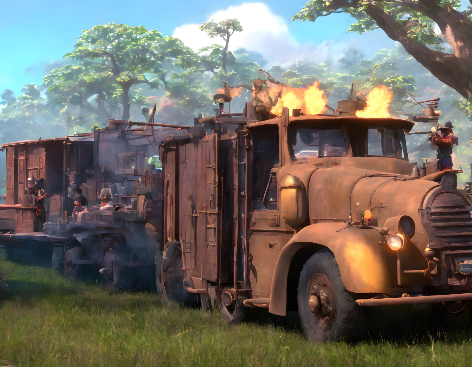 Vintage military trucks with flaming exhausts in grassy area.