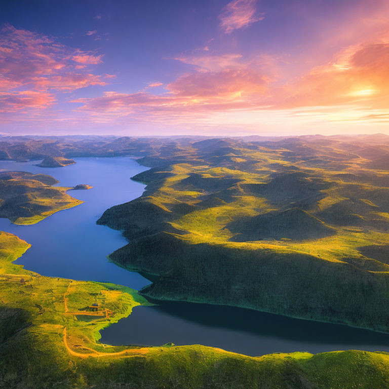 Serpentine River Meandering Through Green Hills at Sunset