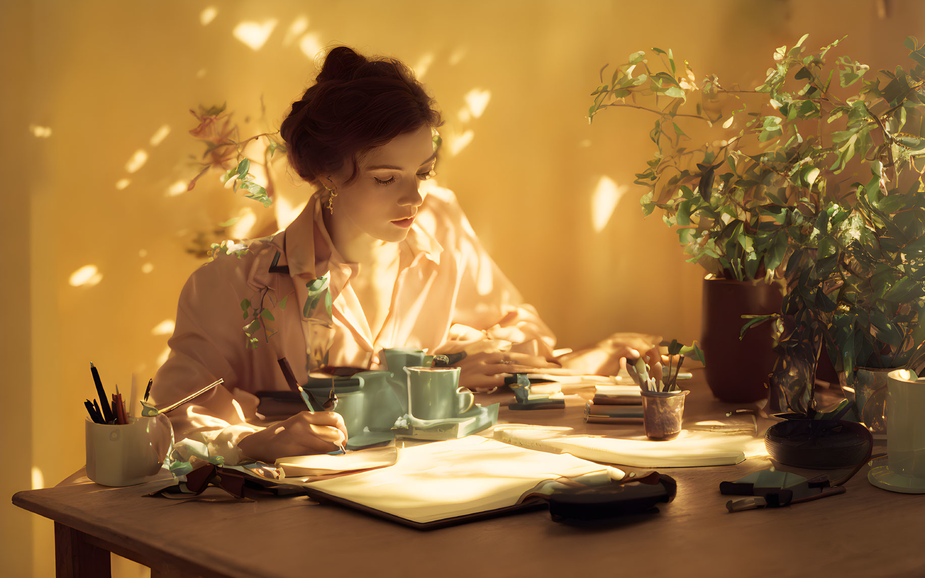 Woman Writing in Notebook Surrounded by Plants and Stationery