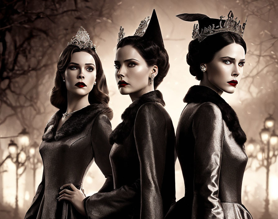 Three women in elegant attire and crowns with dramatic makeup in a vintage-toned setting.