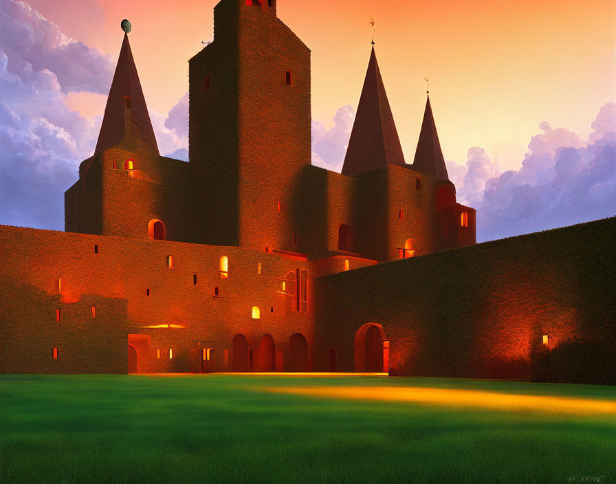 Medieval castle towers and walls at sunset with warm light, vibrant sky, and lush greenery