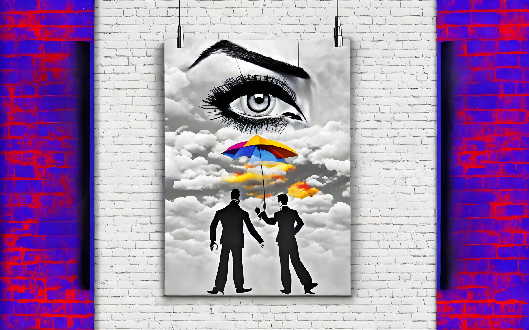 Surreal eye poster with clouds, umbrella, silhouettes on blue and red brick wall