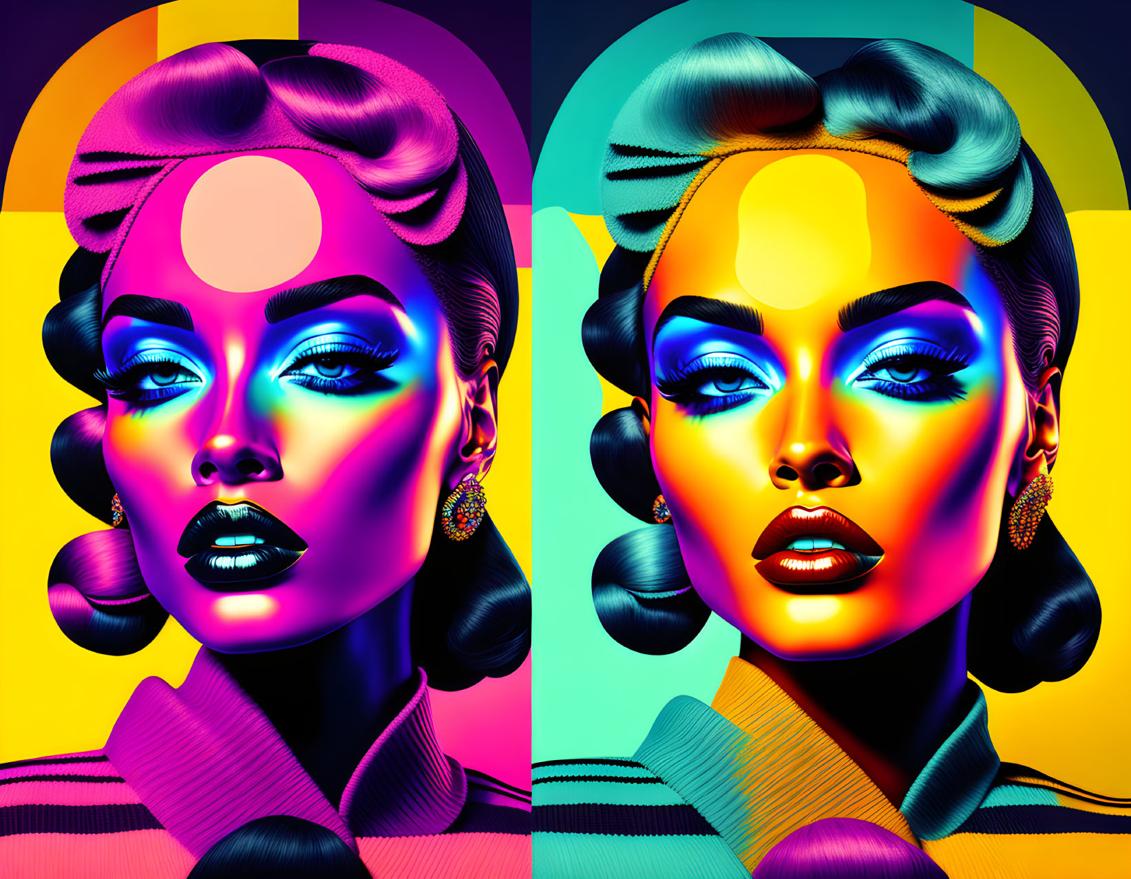 Colorful digital art: Two stylized female faces with retro hairstyles against geometric backdrop