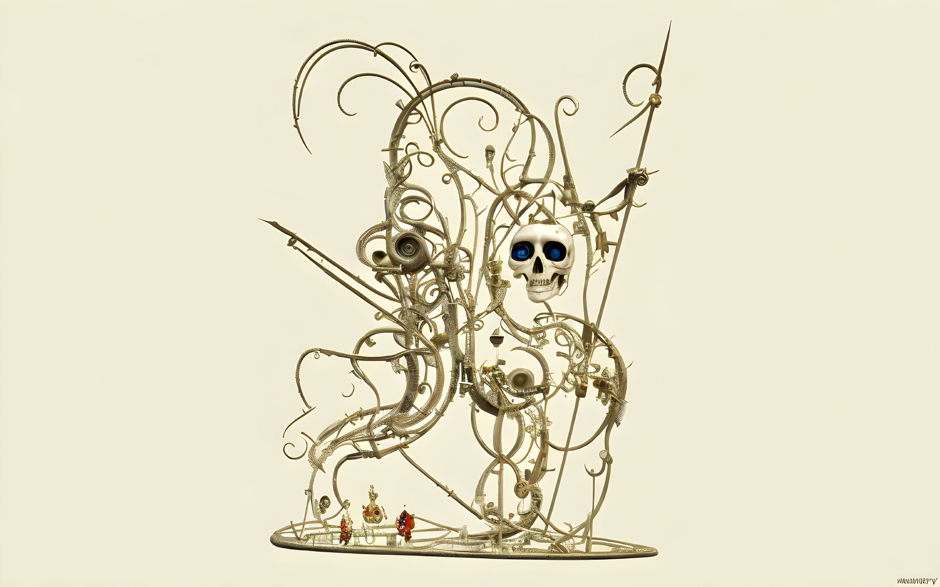 Intricate Metal Sculpture with Skull and Red Figure