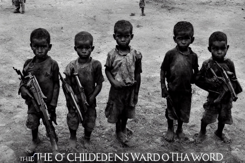 Four children with dirt on skin, holding toy guns, blurry text overlay