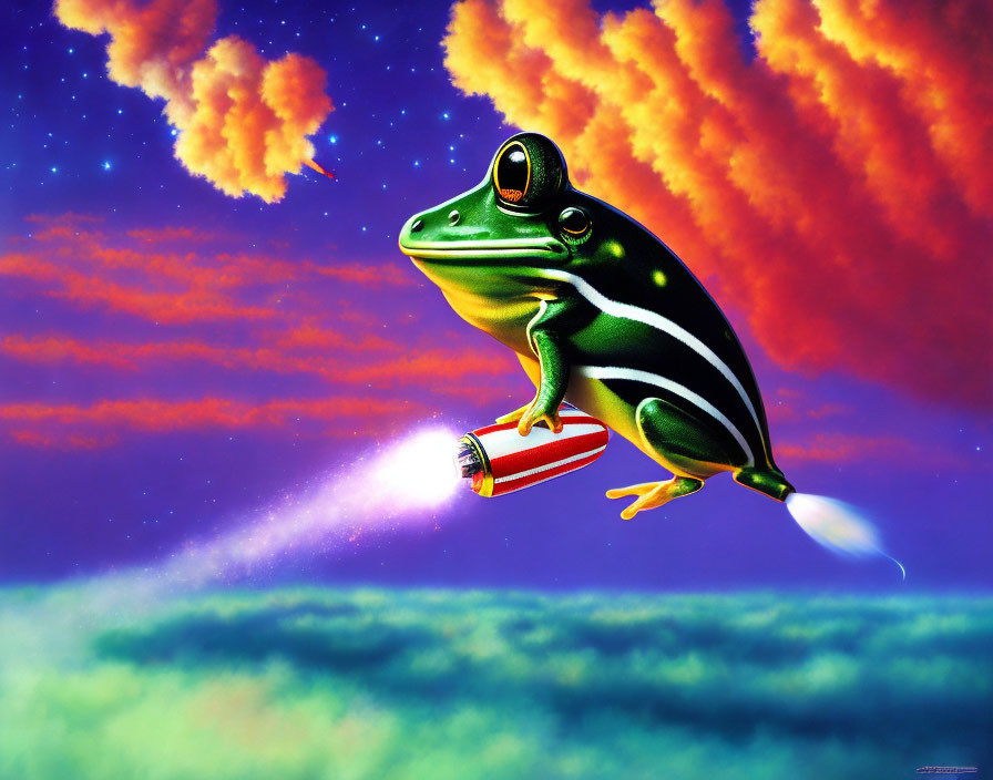 Colorful Frog Riding Rocket Through Blue Sky