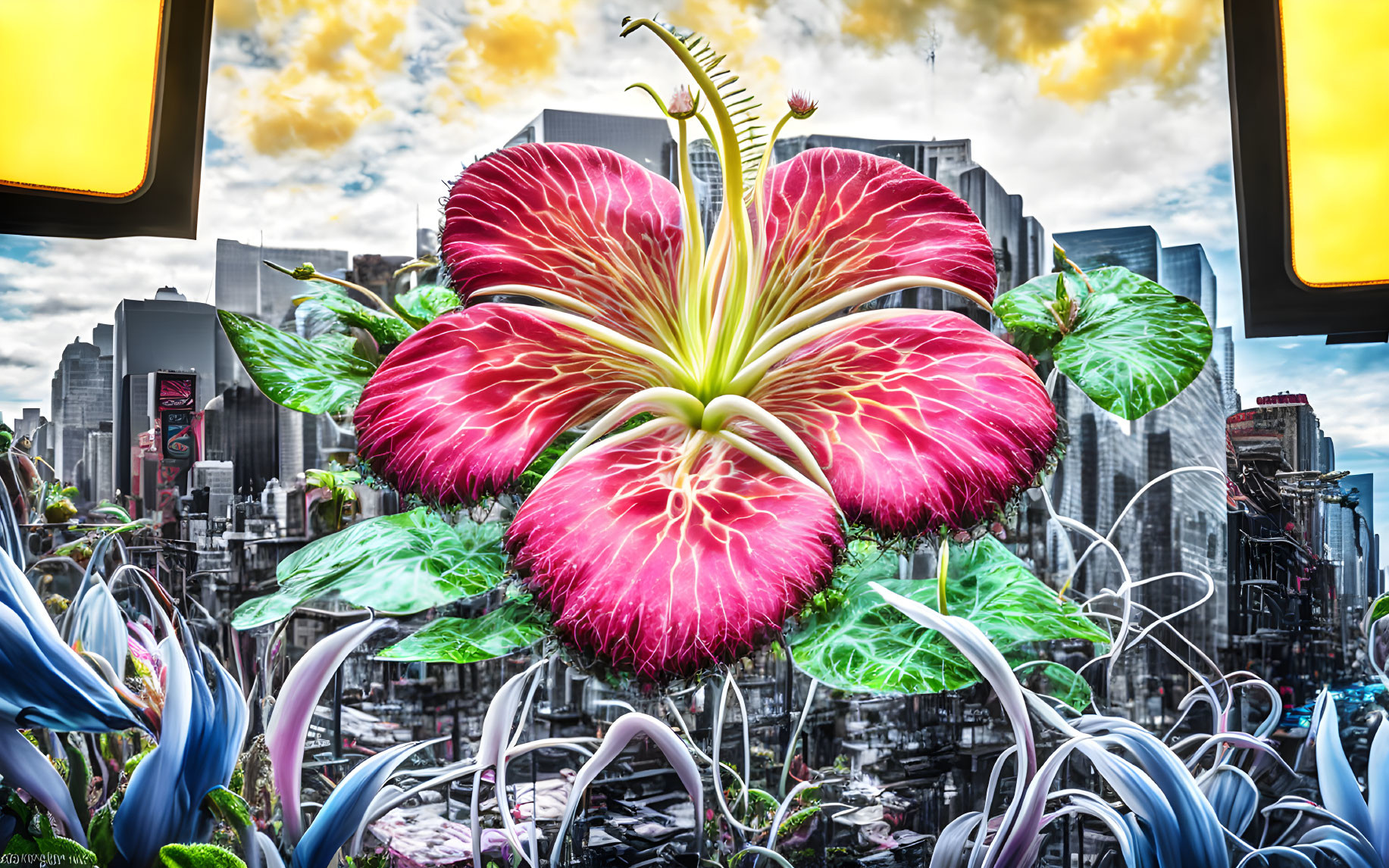 Colorful oversized fantasy flower in surreal cityscape under dramatic sky