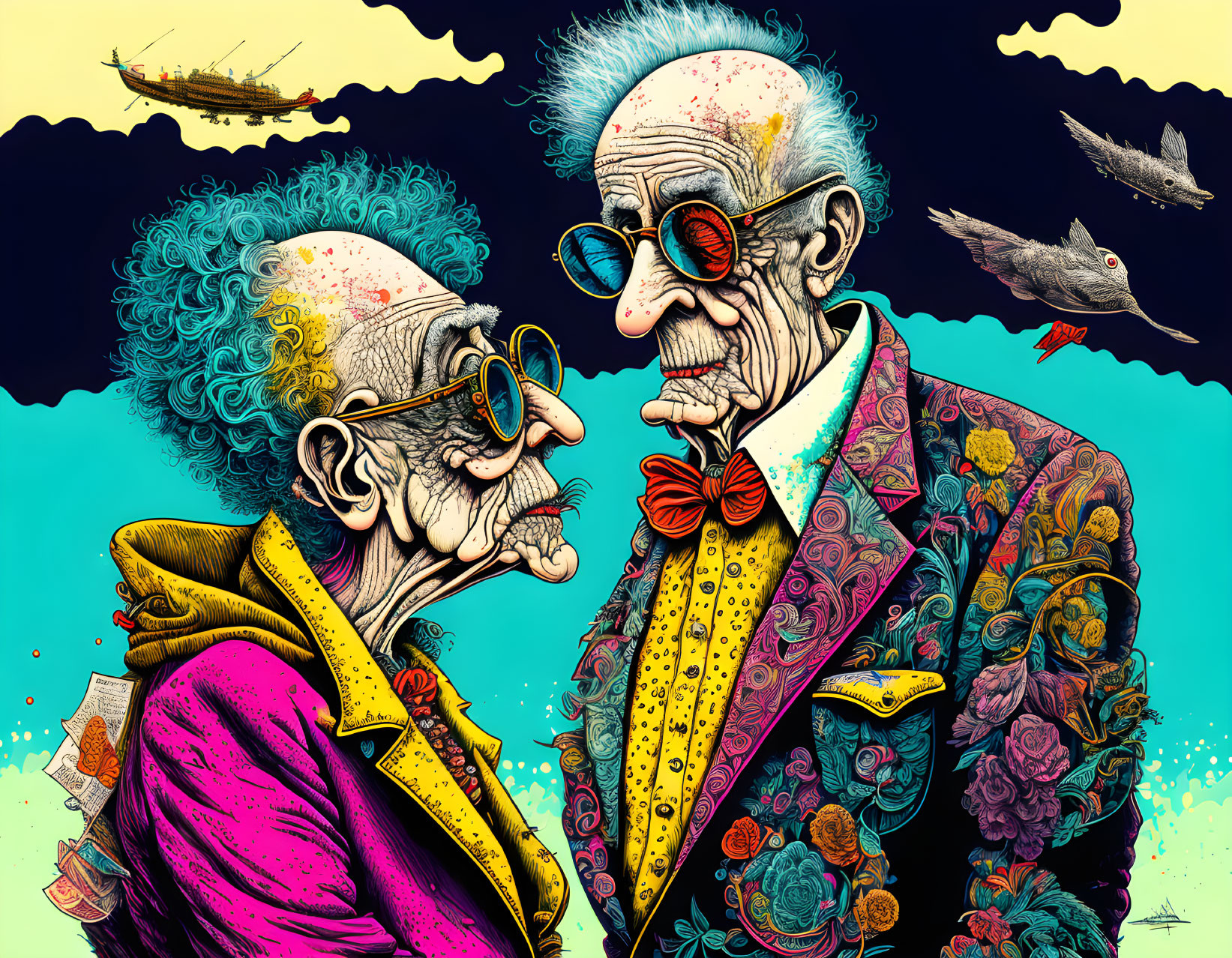 Vibrant illustration: Two elderly men with exaggerated features against surreal sky with helicopter and birds.