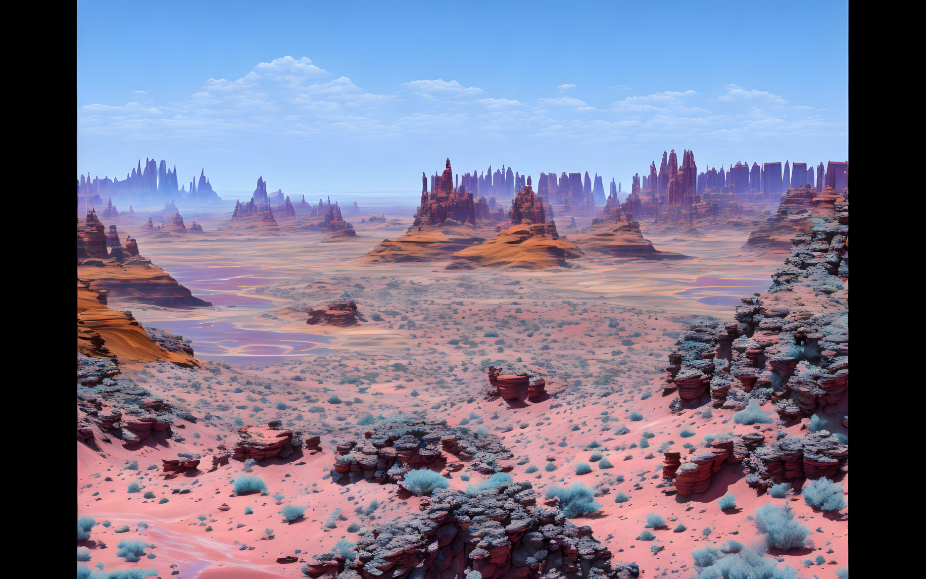 Desert landscape with red rock formations and purple sand patterns