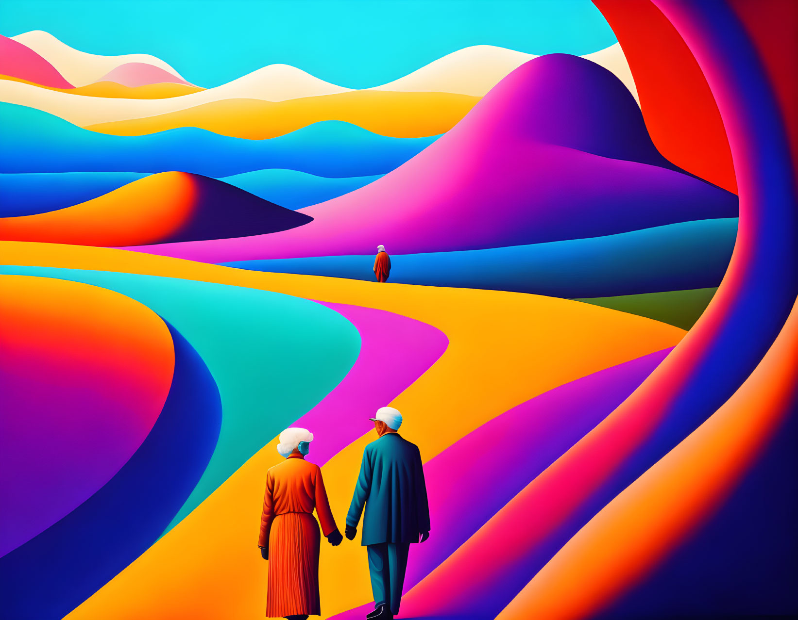 Colorful digital artwork: Three figures in surreal landscape