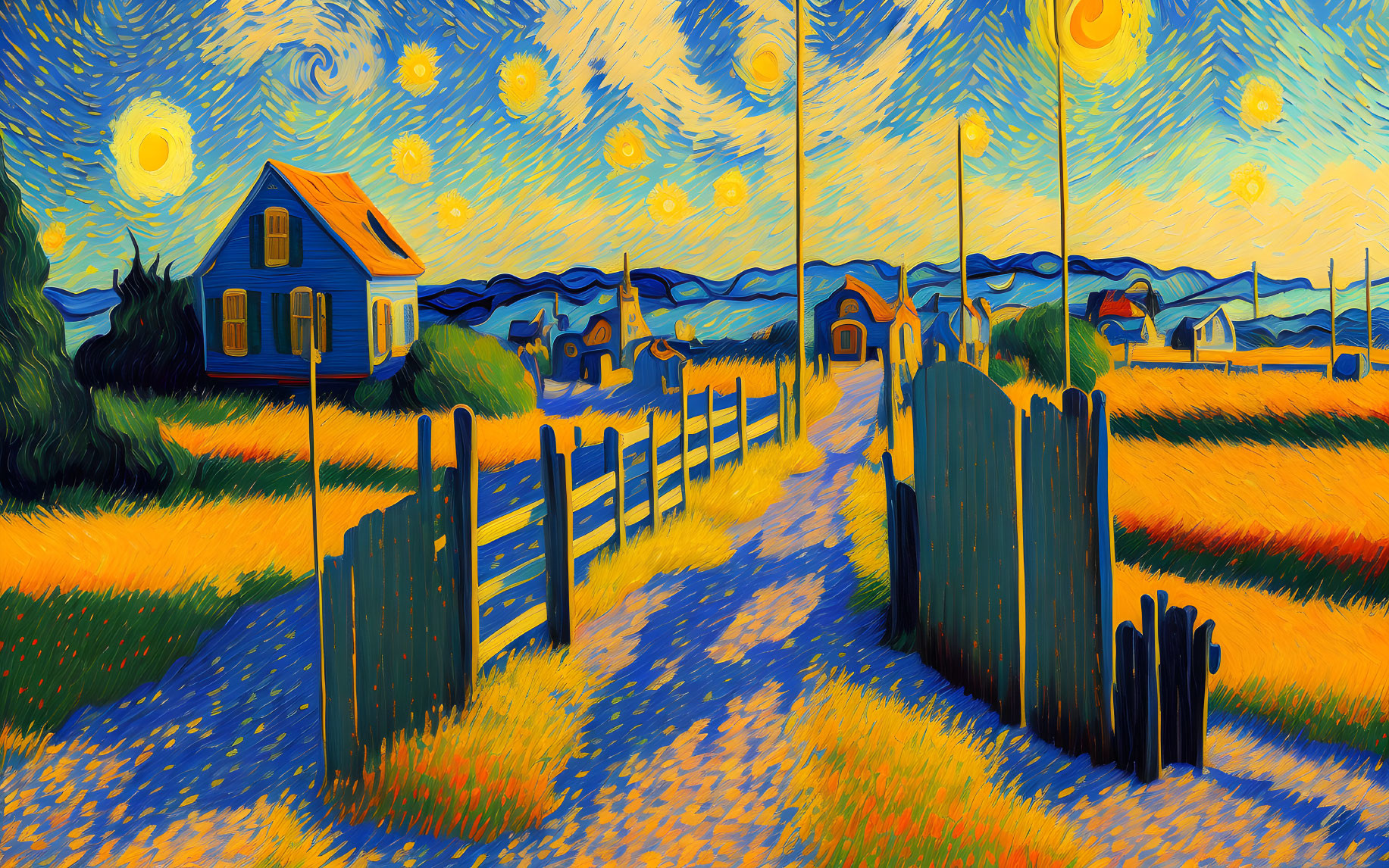 Colorful Landscape with House, Stars, Path, and Fence in Post-Impressionist Style