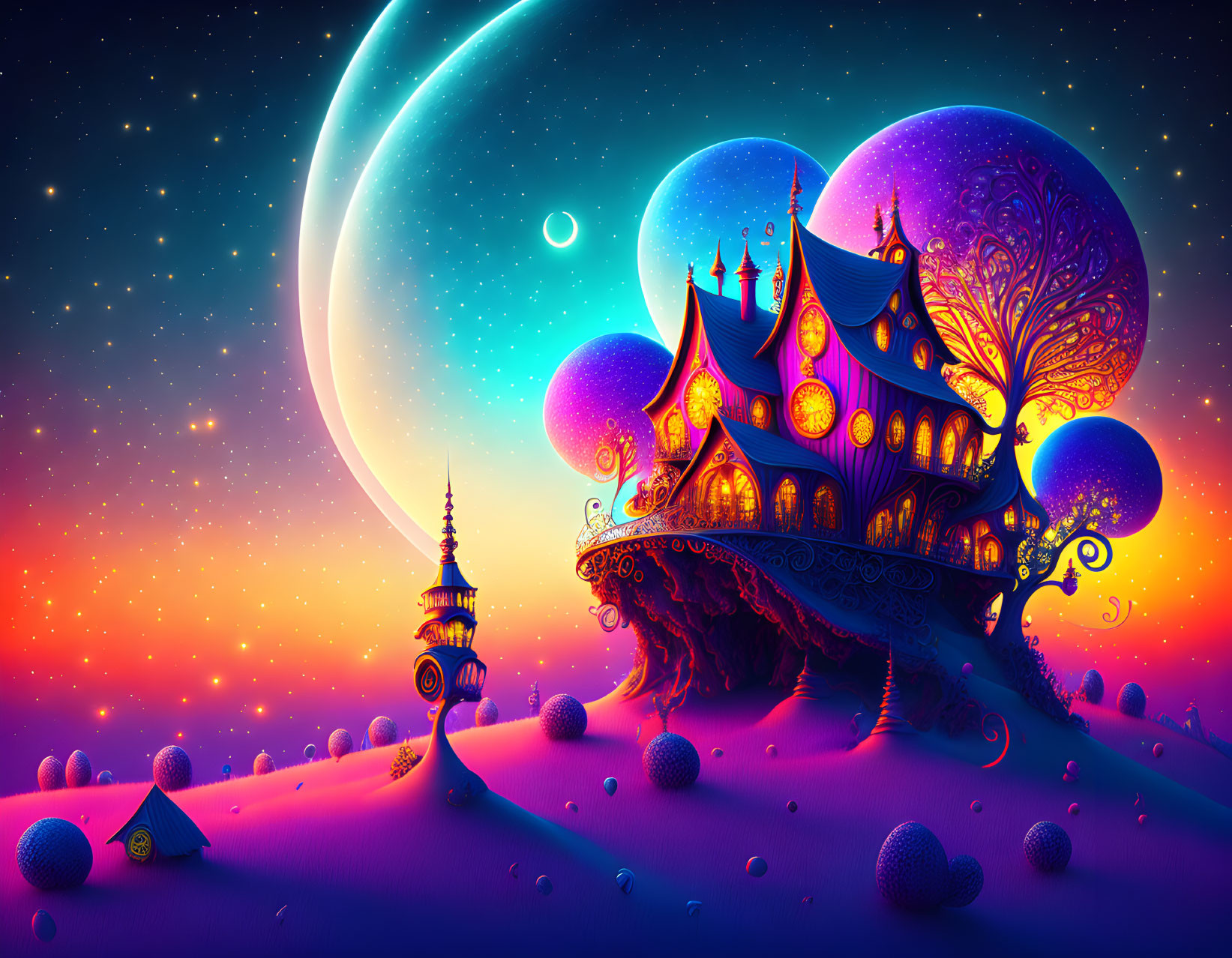 Whimsical landscape with fantastical house on hill under large moon