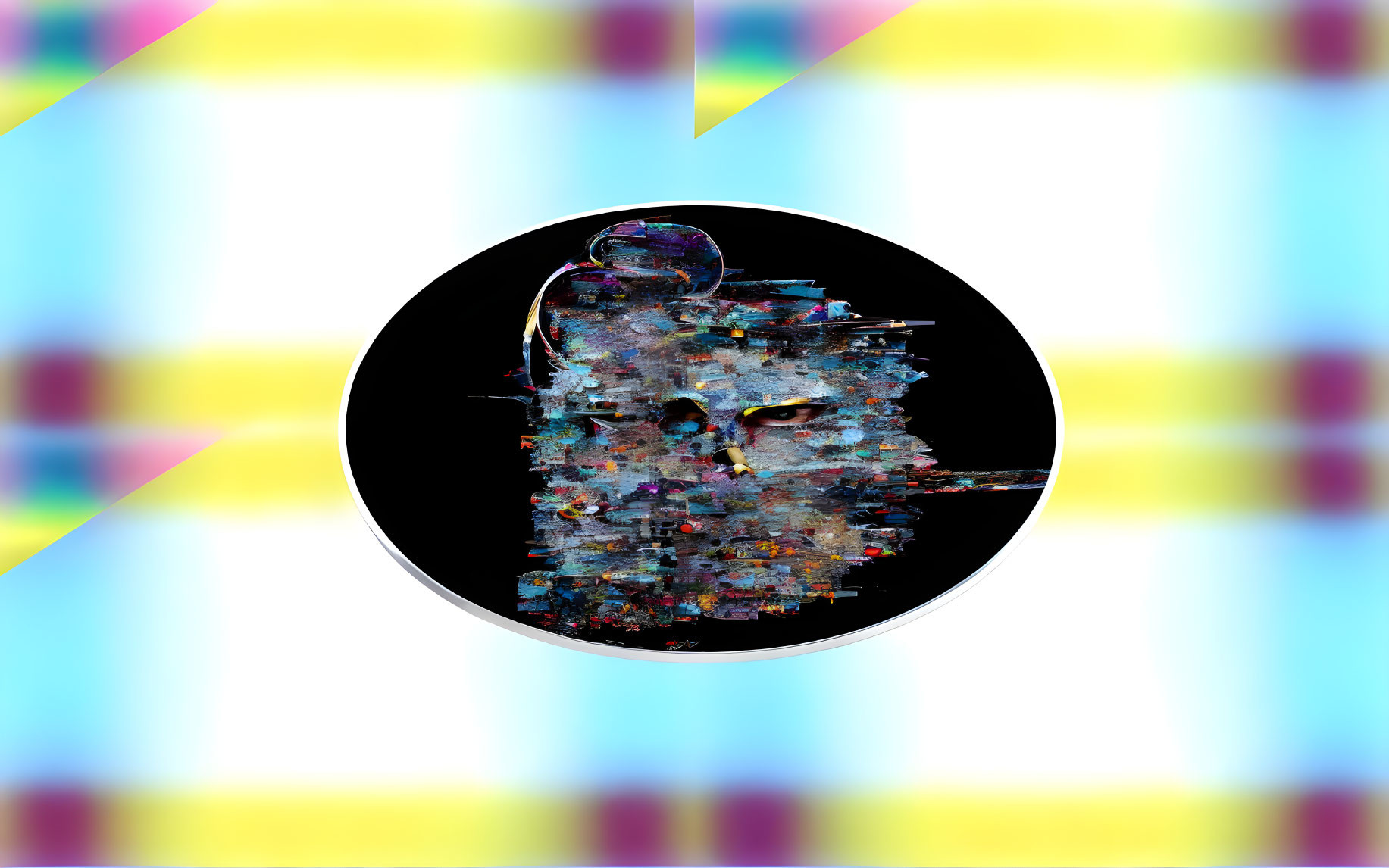 Multicolored glitch art with white ring on plaid background