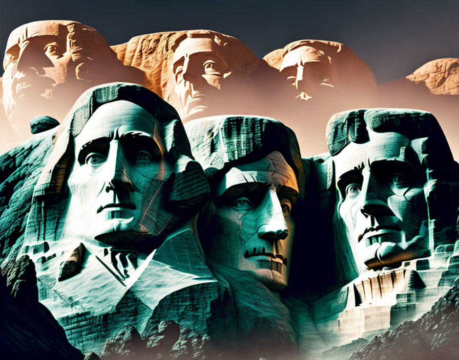 Mount Rushmore sculptures under dramatic sky with enhanced shadows.