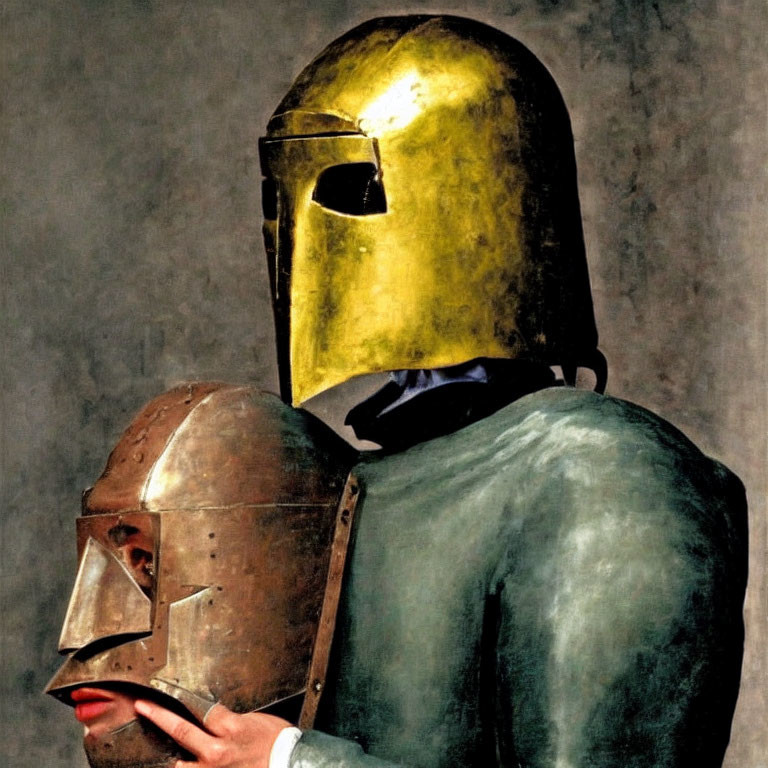 Person in Green Jacket Holding Two Medieval Helmets on Gray Background