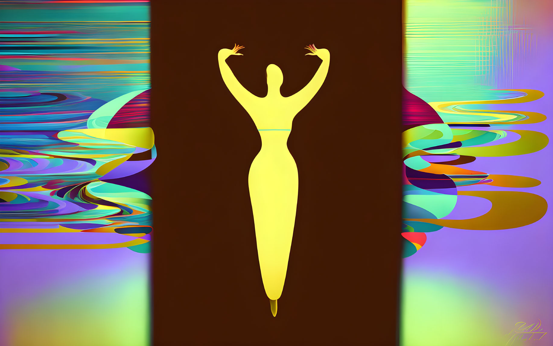 Colorful abstract art: Woman silhouette with raised arms amidst vibrant, wavy patterns on psychedelic backdrop