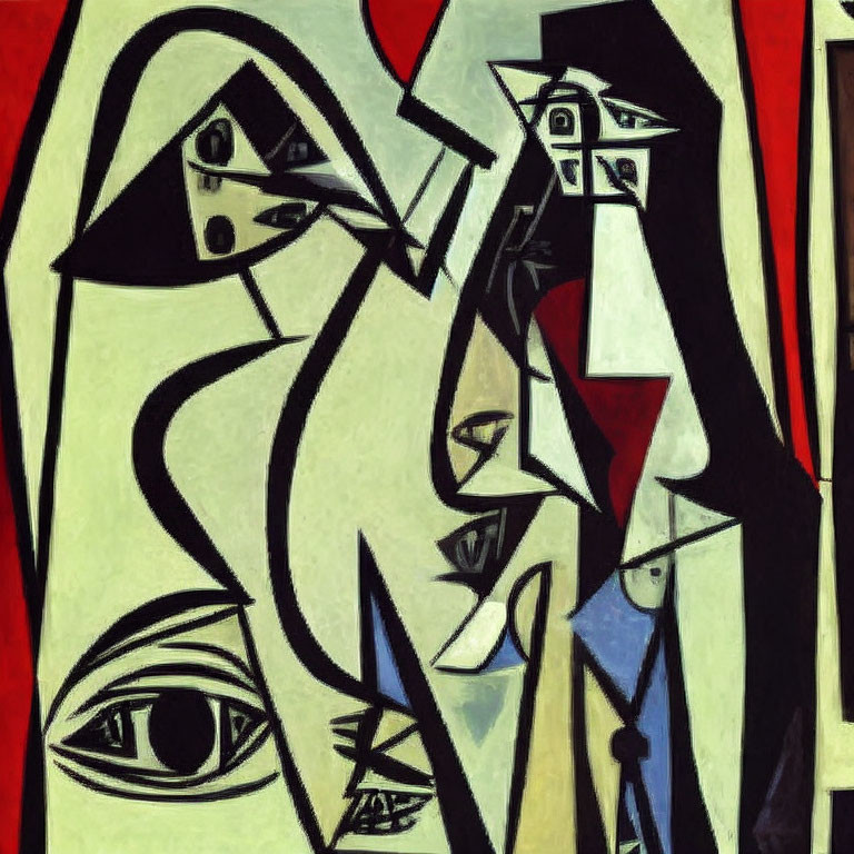 Geometric Cubist painting of fragmented human-like figures in red, white, and grey