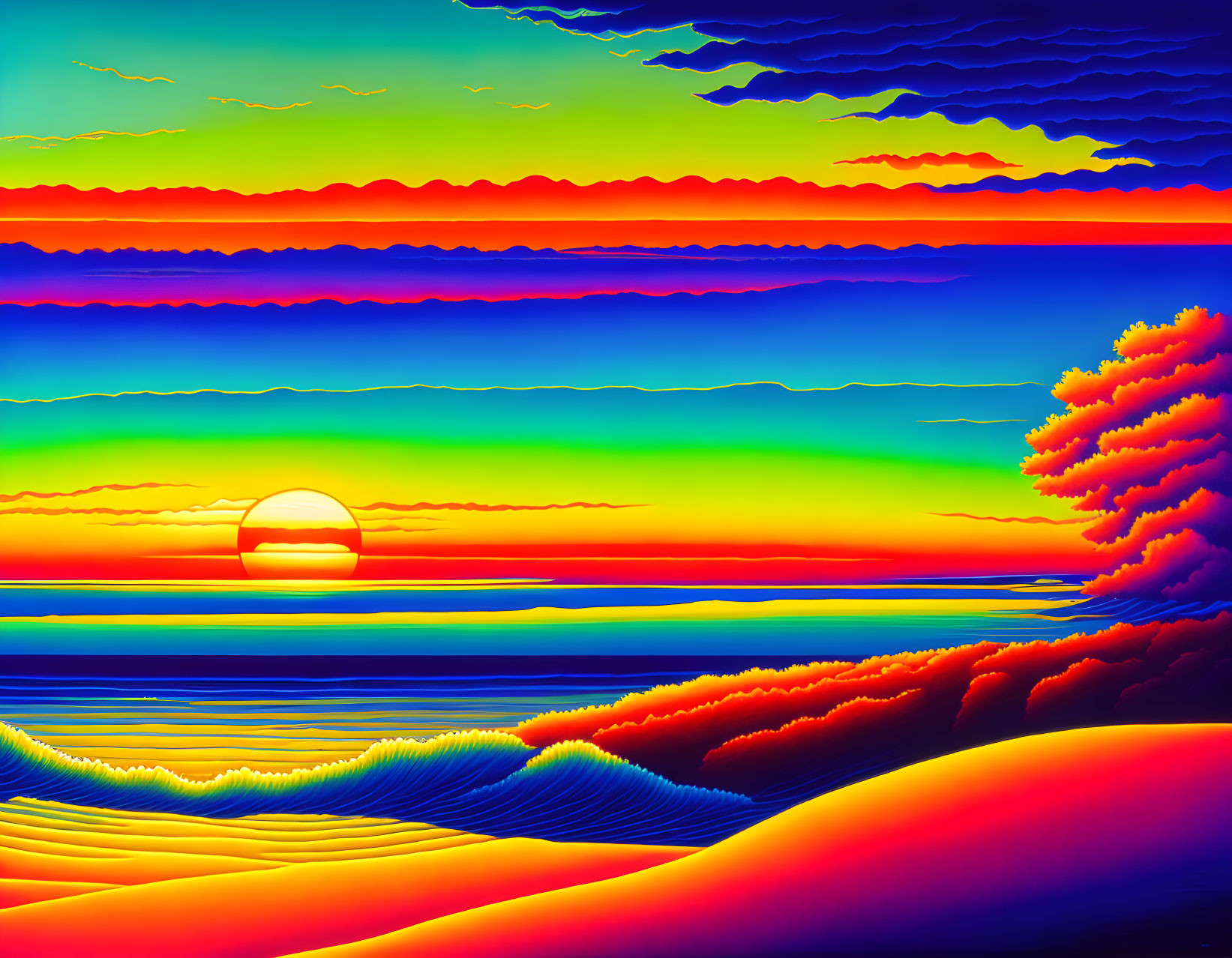 Colorful surreal landscape with sun setting over stylized sea