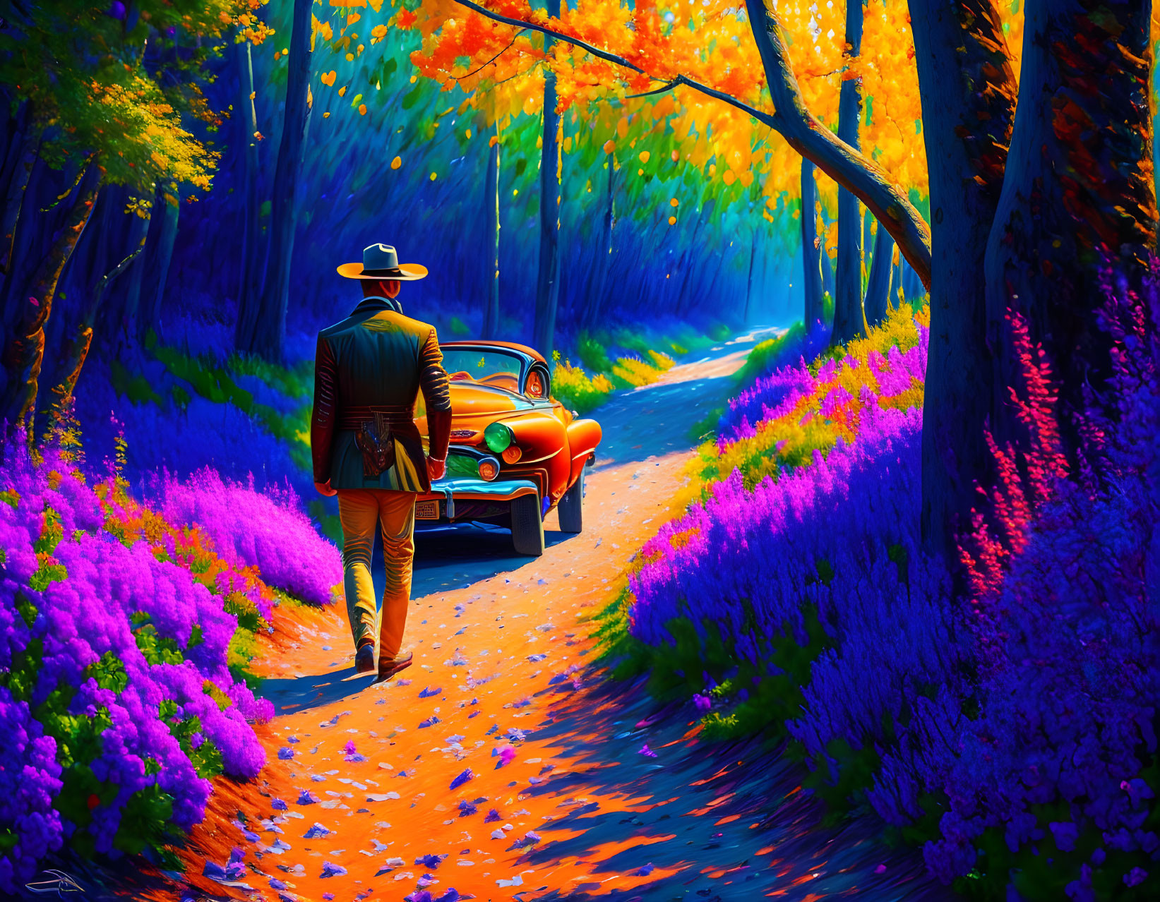 Person in hat walking towards vintage car in vibrant forest with autumn colors and purple flowers