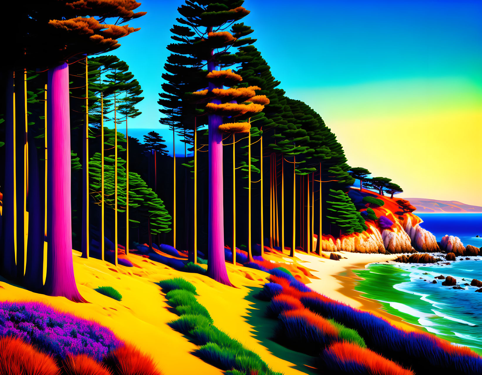 Colorful Coastal Scene with Stylized Trees and Serene Ocean