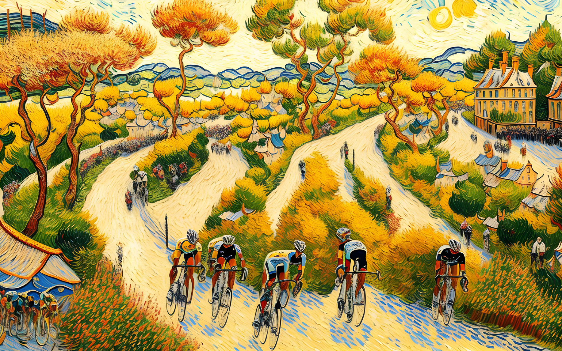 Vibrant Van Gogh-inspired cycling race on swirling track