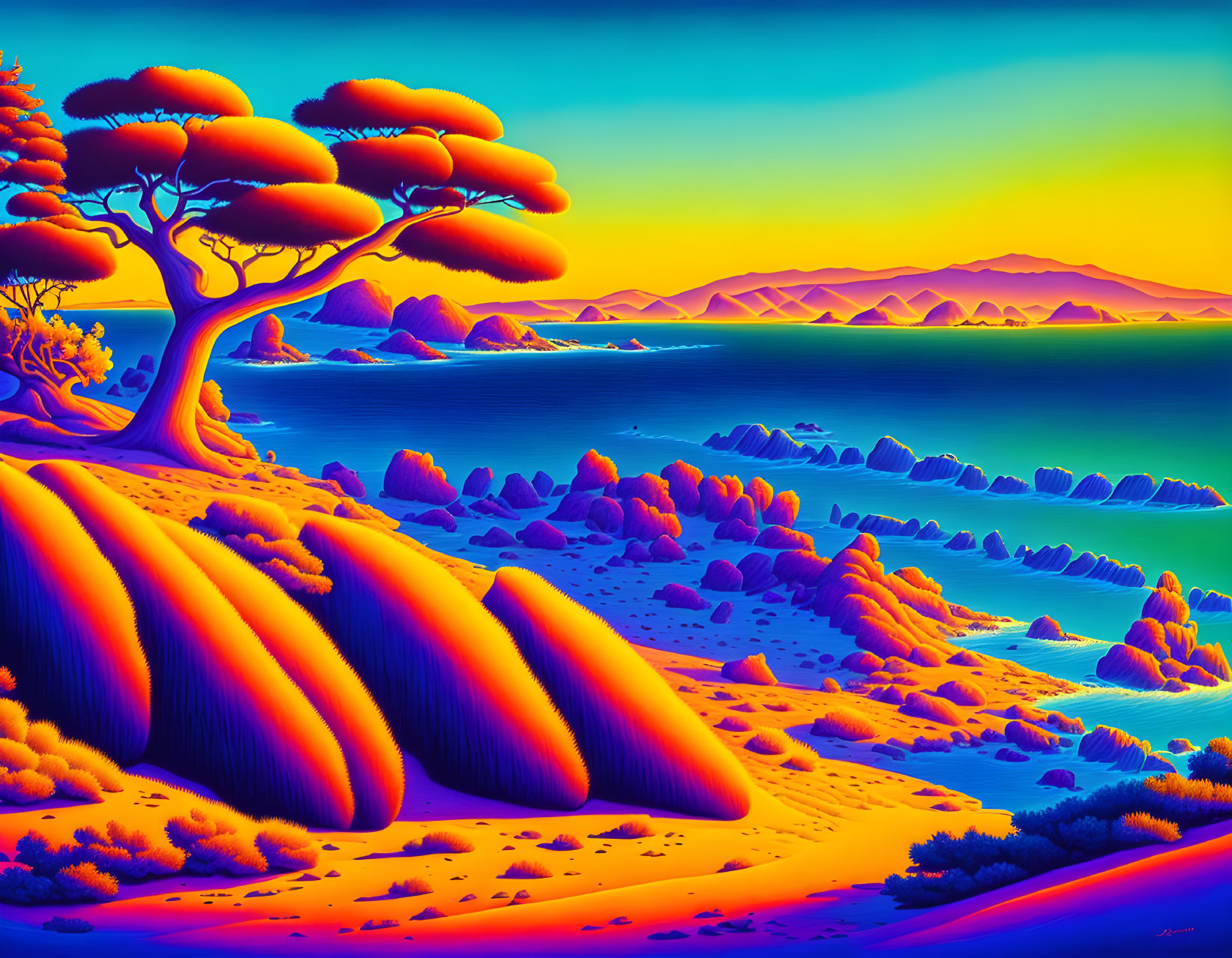 Surreal landscape with vivid orange-yellow hues and stylized trees