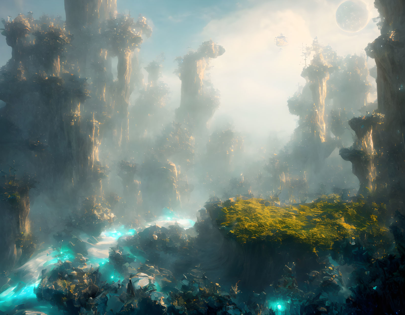 Mystical landscape with towering rock formations and glowing blue rivers