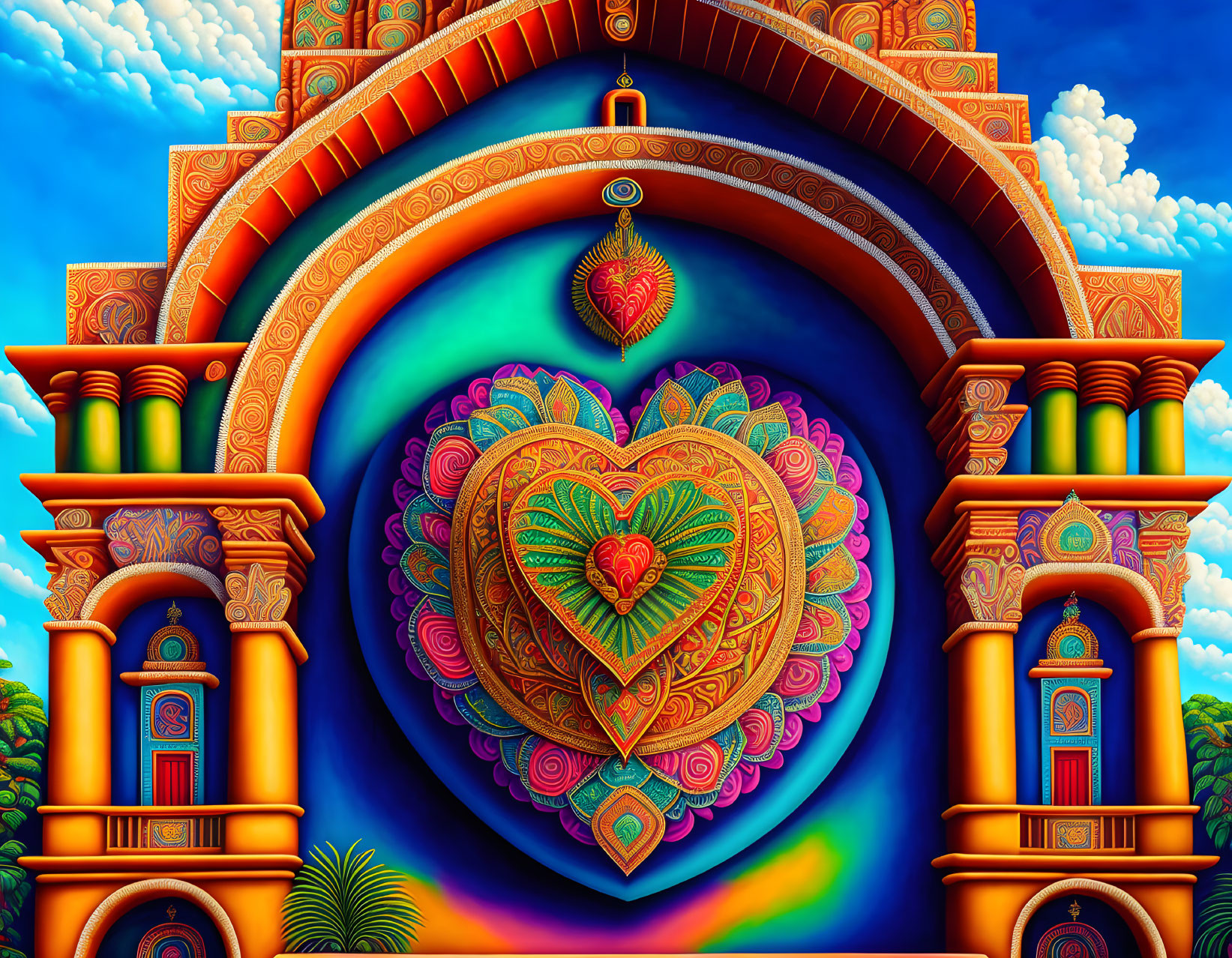 Colorful Heart-Shaped Mandala in Ornate Archway Under Blue Sky