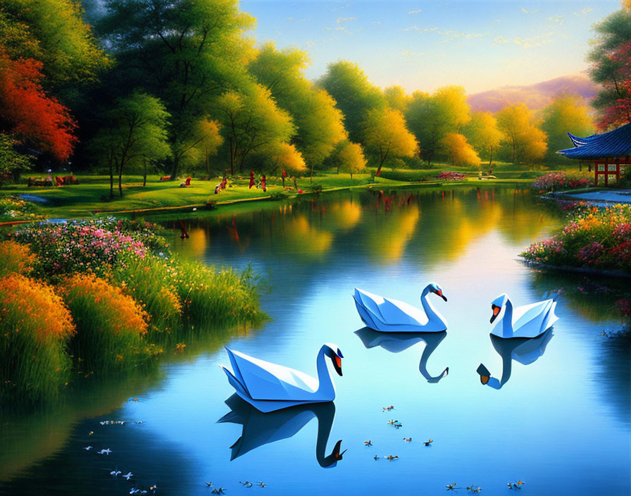 Digital artwork: Three origami swans on reflective lake in serene park setting